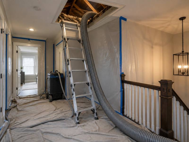 Upstairs hallway protected with plastic sheeting and floor runners, with a ladder up to an open attic hatch
