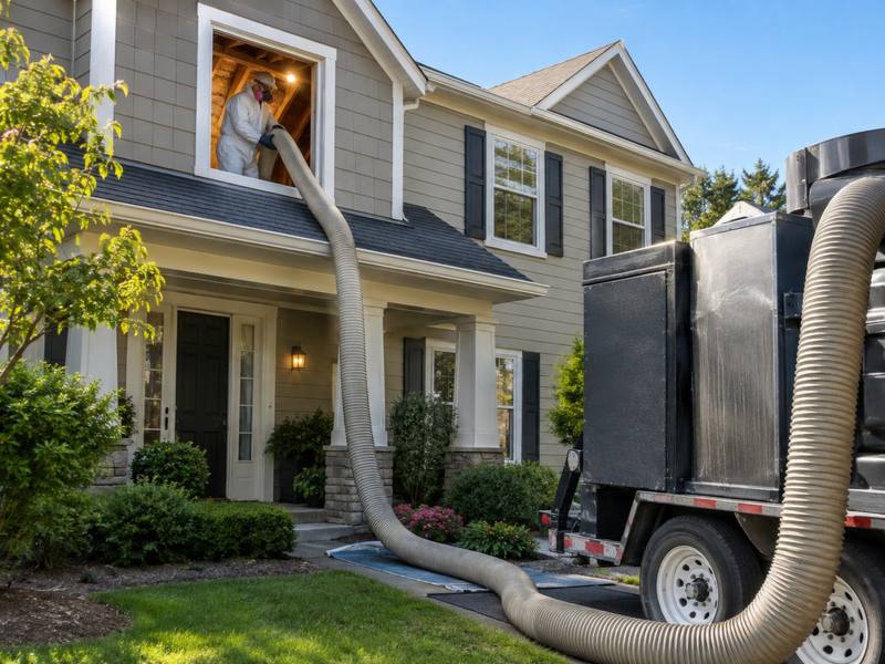 Insulation truck and trailer parked at a house with a hose running up to an upstairs window