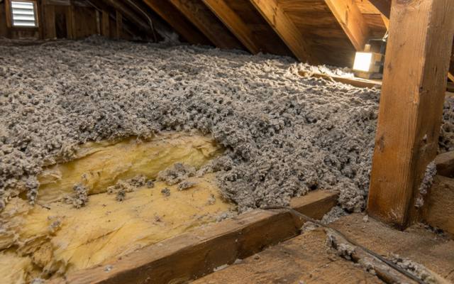 Attic with a mix of old batts and loose fill of different depths between the joists