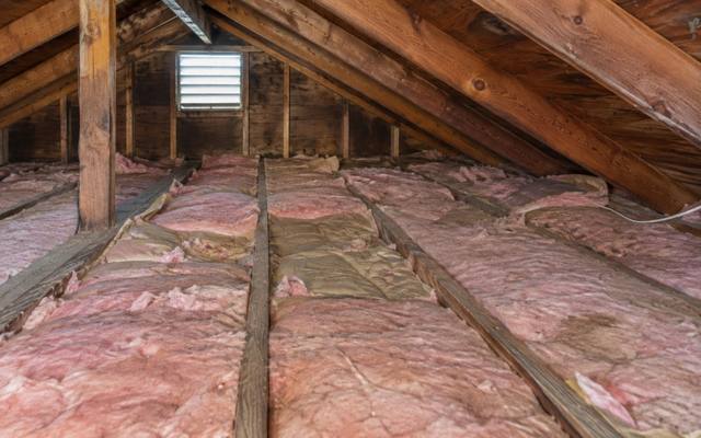 Attic with thin pink batts laid between the joists, well below today's levels