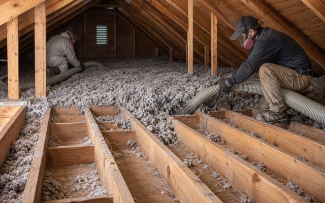 Two workers vacuuming old grey insulation out of an attic, with bare joists showing behind them