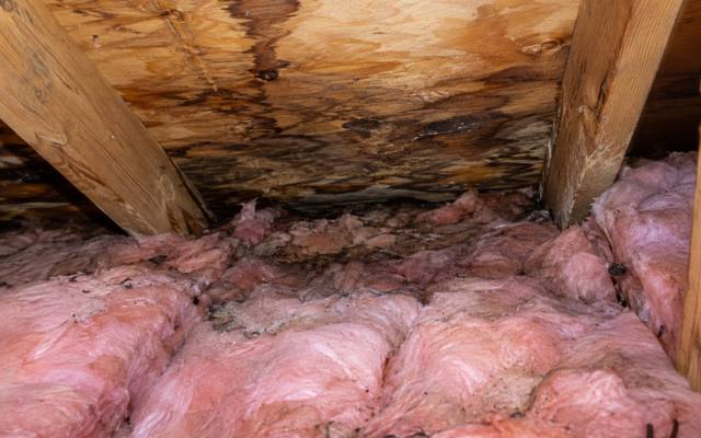 Water stains on the roof boards above wet pink insulation at the edge of an attic